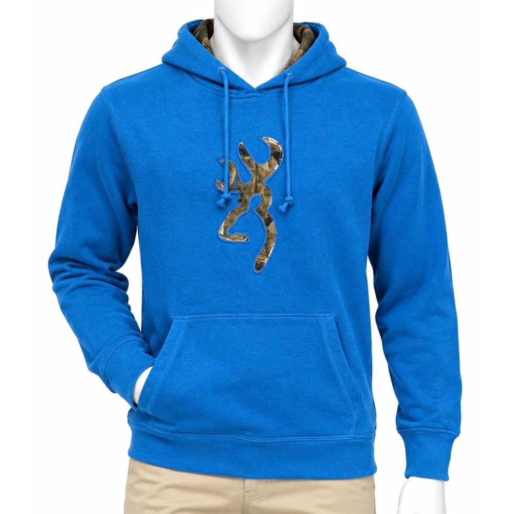 BROWNING Blue Cotton Blend Pullover Hoodie Camo Hood Long Sleeve Size L Jacket
